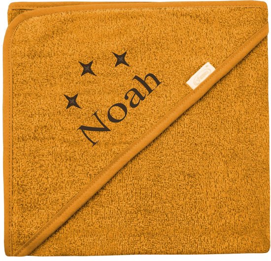 Baby badcape oker geel met naam borduren – Luxe en persoonlijk cadeau
