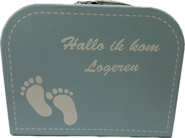 Baby koffertje blauw & kerst-rompertje - wit - met eigen naam en voetjes op koffertje