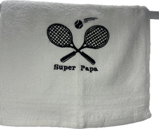 Handdoek wit 100x50 Geborduurd super papa tennis -verjaardag-Vaderdag-cadeau-gepersonaliseerd