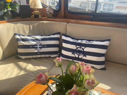 Bootkussen - scheepskompas - blauw wit gestreept handgemaakt Nautisch - marine