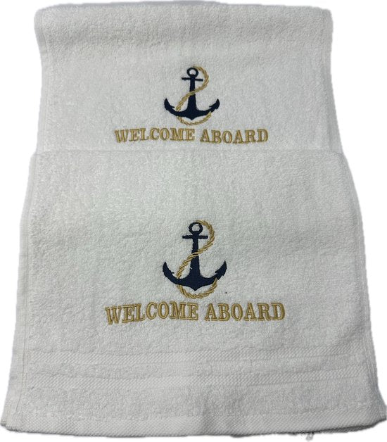 Nautische gastendoekjes wit anker welkom aan boord set van 2 stuks geborduurd - boot - handdoek- marine-gepersonaliseerd