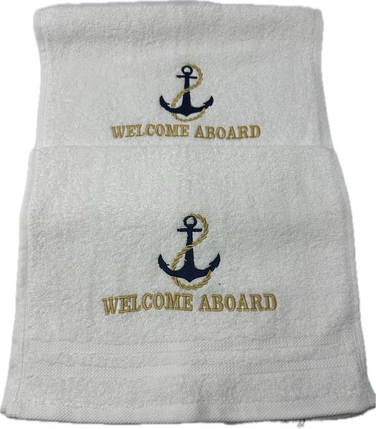 Nautische gastendoekjes wit anker welkom aan boord set van 2 stuks geborduurd - boot - handdoek- marine-gepersonaliseerd
