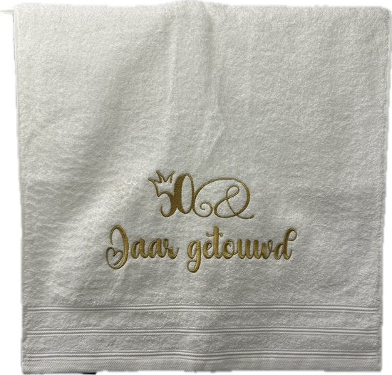 Handdoek wit 50 jaar huwelijk-kroon-getrouwd- jubileum-gepersonaliseerd
