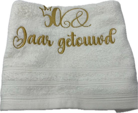 Handdoek wit 50 jaar huwelijk-kroon-getrouwd- jubileum-gepersonaliseerd