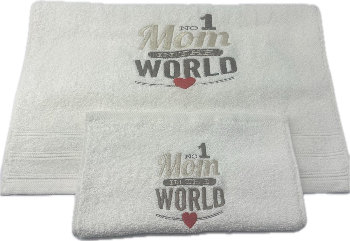 Moederdag cadeautje Mamma Mom verjaardag set van 2 witte handdoeken 1x gastendoekje 1x badhanddoek-gepersonaliseerd
