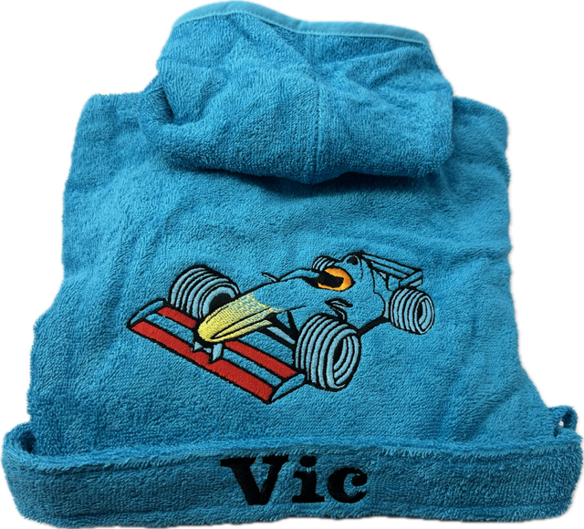 Badjas - raceauto - 4-6 - turquoise blauw met naam