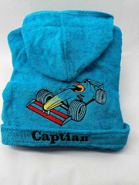 Badjas - raceauto - 4-6 - turquoise blauw met naam