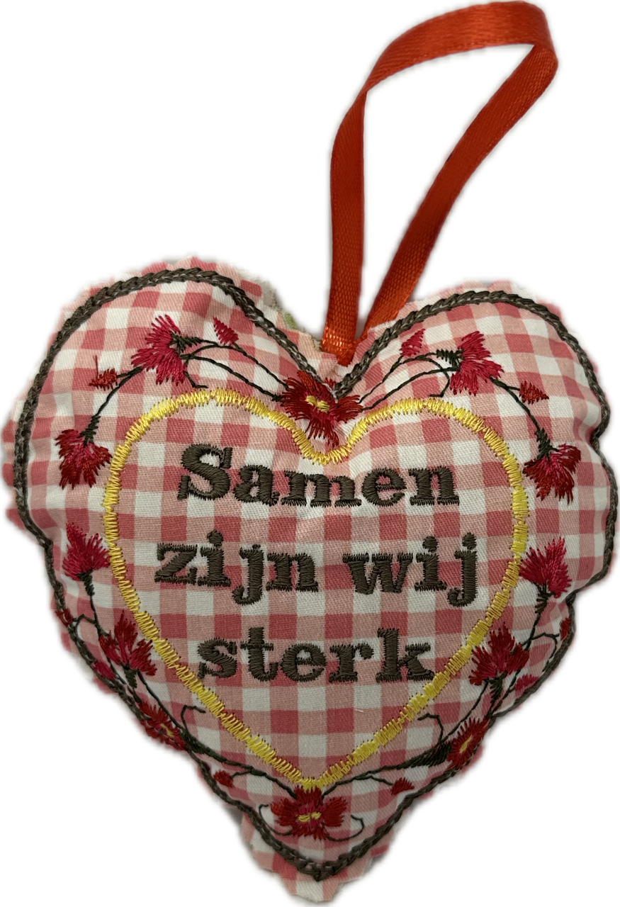 Decoratief geluks-hartje “Samen zijn wij sterk rood wit ruit