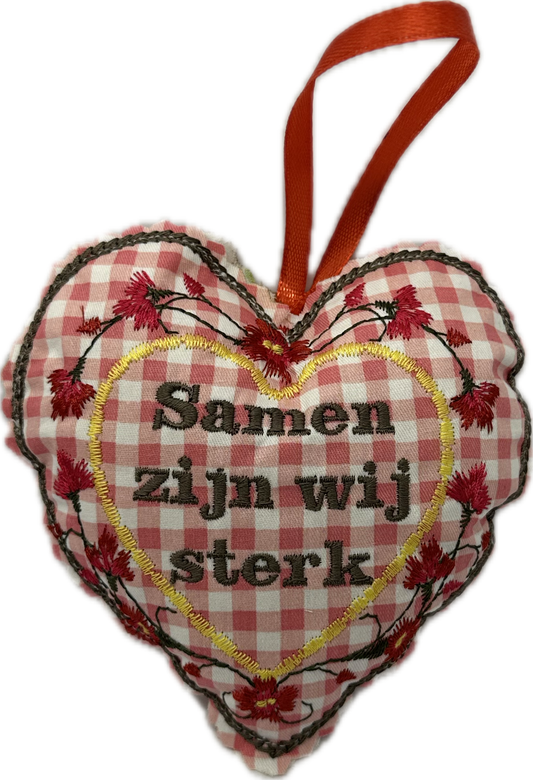 Decoratief geluks-hartje “Samen zijn wij sterk rood wit ruit