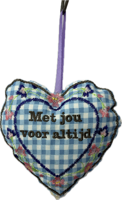 Decoratief geluks-hartje “Met jou voor altijd, blauw wit ruit