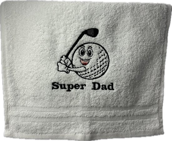 Handdoek wit 100x50 Geborduurd super papa golf-verjaardag-Vaderdag-cadeau-gepersonaliseerd