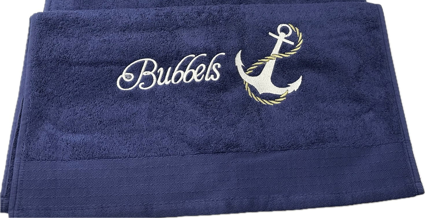 Handdoek blauw maritieme geborduurd met anker - Boot Nautical boat - Met eigen naam of boot naam gepersonaliseerd