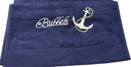 Handdoek blauw maritieme geborduurd met anker - Boot Nautical boat - Met eigen naam of boot naam gepersonaliseerd