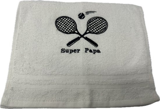 Handdoek wit 100x50 Geborduurd super papa tennis -verjaardag-Vaderdag-cadeau-gepersonaliseerd