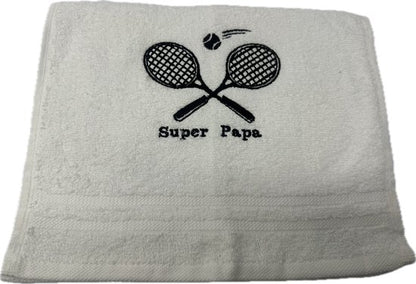 Handdoek wit 100x50 Geborduurd super papa tennis -verjaardag-Vaderdag-cadeau-gepersonaliseerd