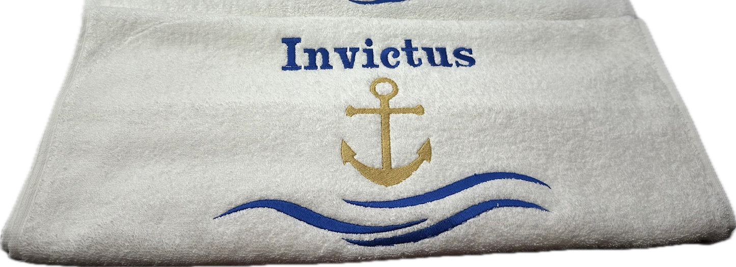 Witte maritime bad handdoek met geborduurd anker en golven Boot Nautical boat watersport met gratis naam -bootnaam of naam-gepersonaliseerd
