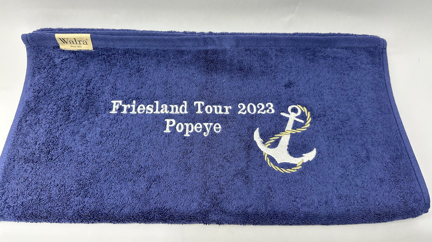 Handdoek blauw maritieme geborduurd met anker - Boot Nautical boat - Met eigen naam of boot naam gepersonaliseerd