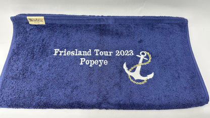 Handdoek blauw maritieme geborduurd met anker - Boot Nautical boat - Met eigen naam of boot naam gepersonaliseerd