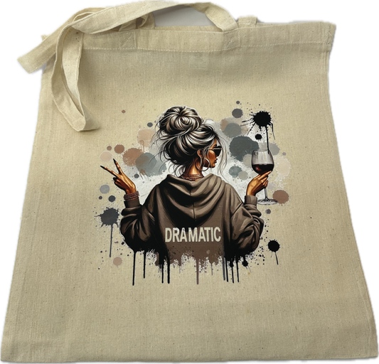 Katoenen tas ecru “Dramatic dame met wijnglas” – transfer folie geperst