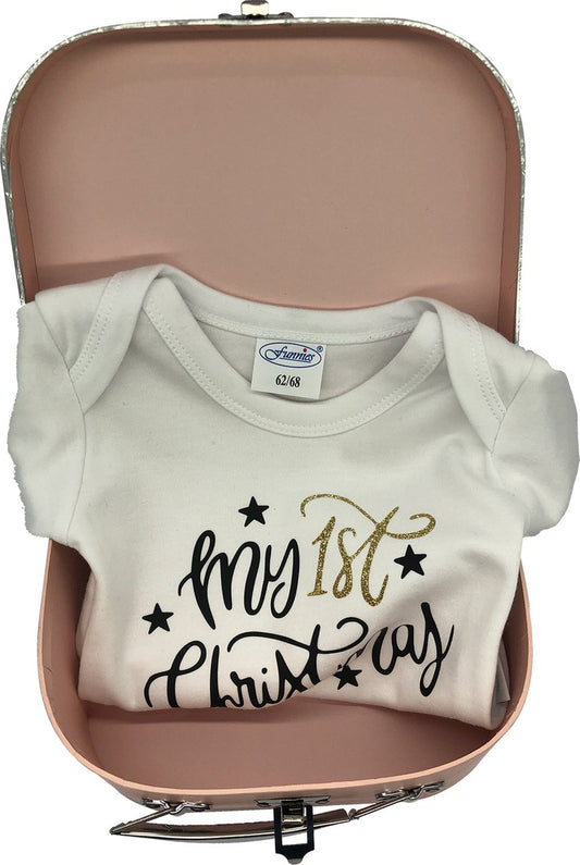 Baby koffertje roze & kerst-rompertje - wit - met eigen naam en voetjes op koffertje