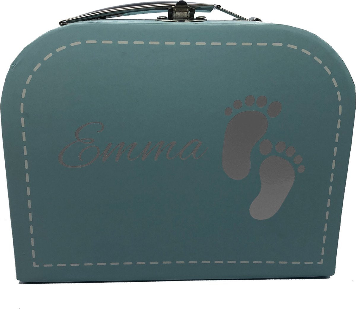 Baby koffertje blauw & kerst-rompertje - wit - met eigen naam en voetjes op koffertje