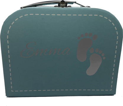 Baby koffertje blauw & kerst-rompertje - wit - met eigen naam en voetjes op koffertje