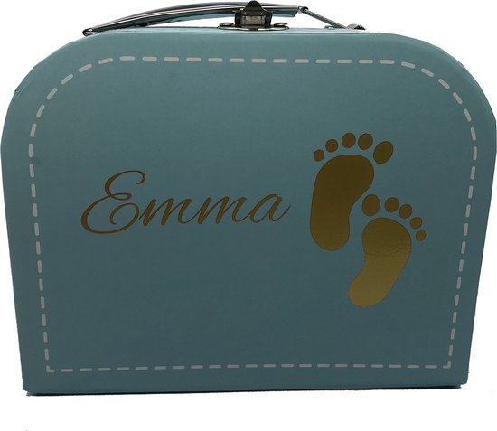 Baby koffertje blauw & kerst-rompertje - wit - met eigen naam en voetjes op koffertje
