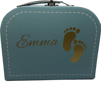 Baby koffertje blauw & kerst-rompertje - wit - met eigen naam en voetjes op koffertje