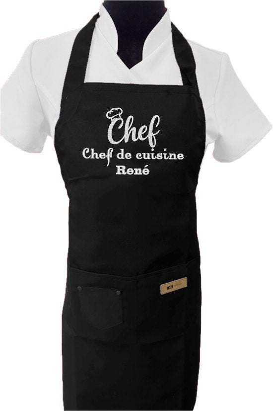 Keukenschort (volwassenen) - zwart - GRATIS NAAM - woord chef muts