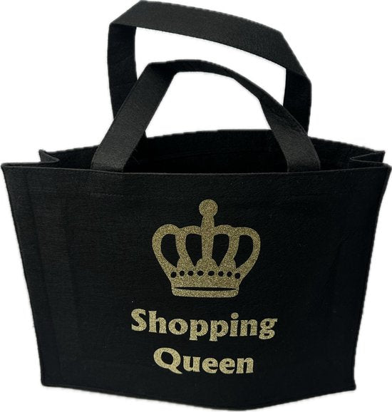 Vilten tas zwart met goud glitter “Shopping Queen” – transfer folie geperst