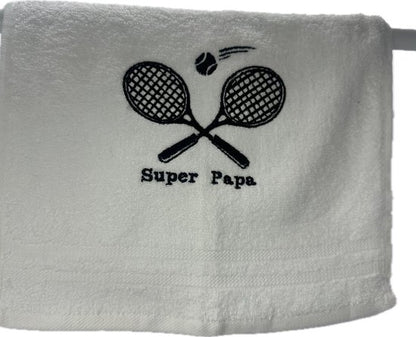 Handdoek wit 100x50 Geborduurd super papa tennis -verjaardag-Vaderdag-cadeau-gepersonaliseerd
