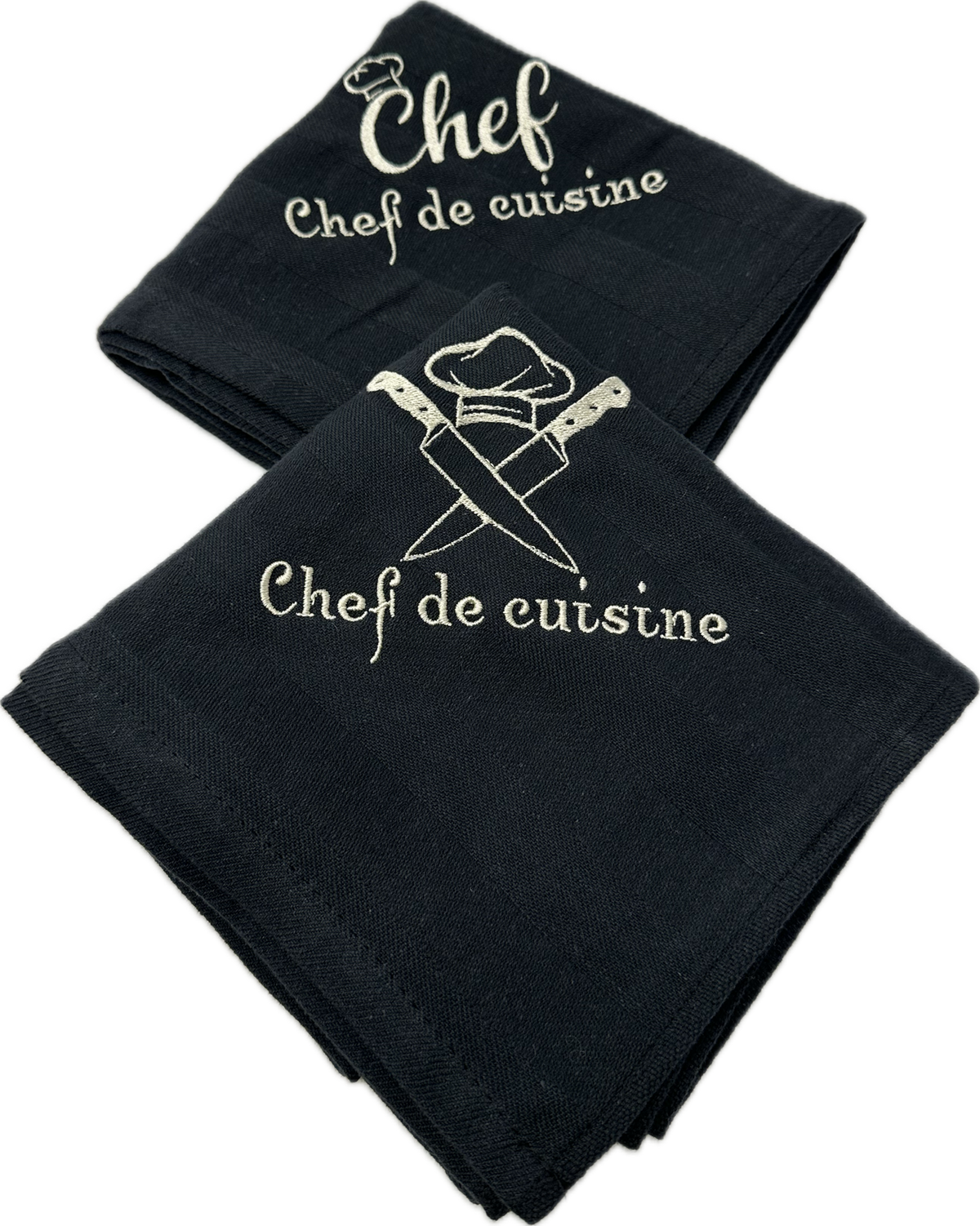 Set van 2 zwarte geborduurde theedoeken – Chef de Cuisine – Koksmuts & Koksmessen