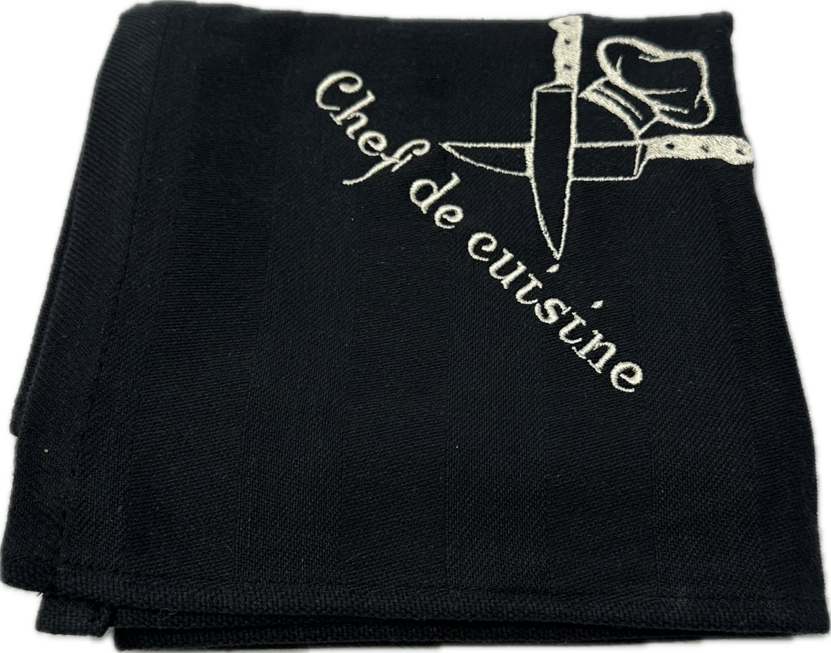 Set van 2 zwarte geborduurde theedoeken – Chef de Cuisine – Koksmuts & Koksmessen
