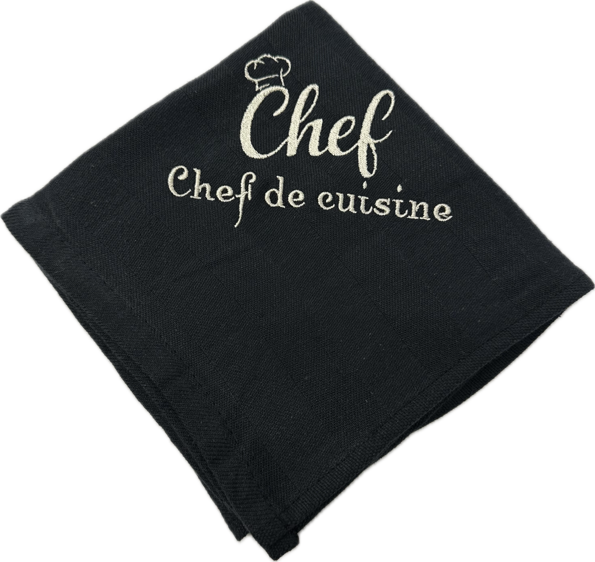 Set van 2 zwarte geborduurde theedoeken – Chef de Cuisine – Koksmuts & Koksmessen