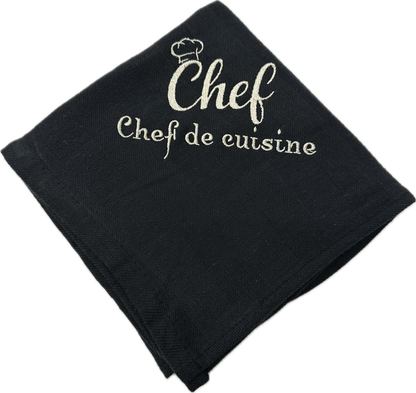 Set van 2 zwarte geborduurde theedoeken – Chef de Cuisine – Koksmuts & Koksmessen