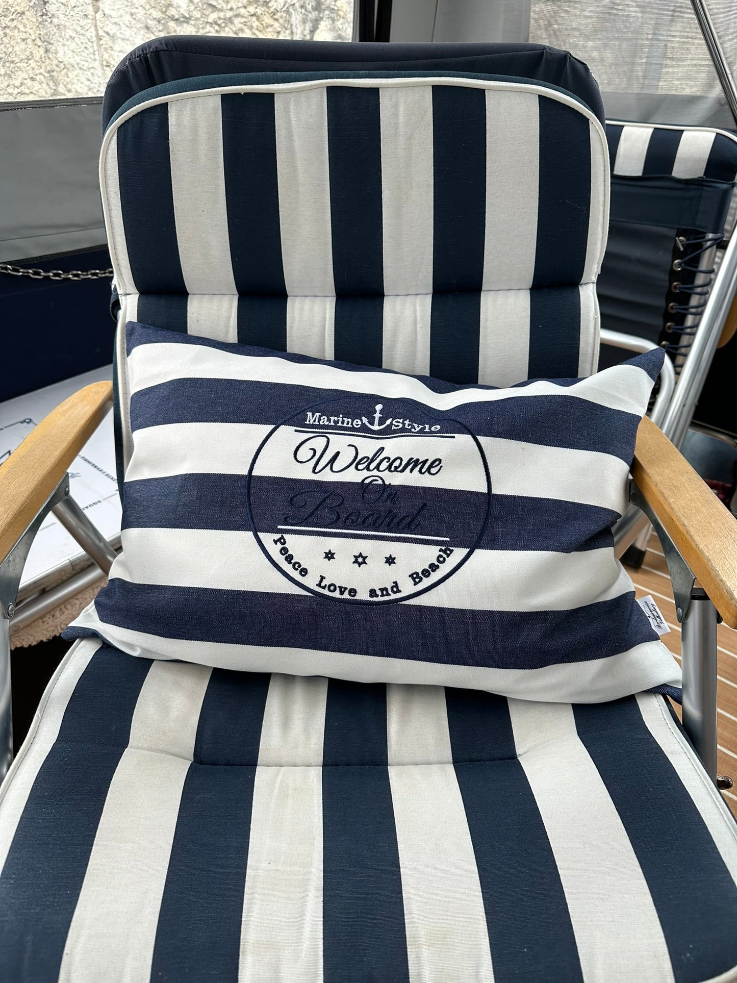 Boot kussen blauw wit streep Welcome on board